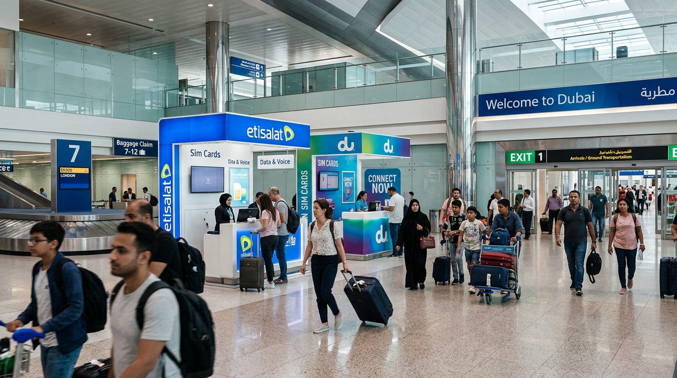 ドバイ国際空港ターミナル3の到着ロビーに並ぶduとe&の通信カウンター